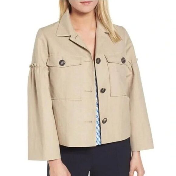 Lewit Linen Cotton Tan Jacket Blazer Ruffle Sleeve XS - Picture 1 of 15